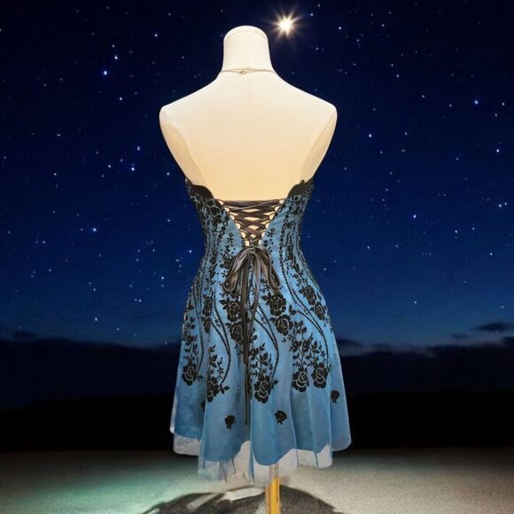 Morgan & Co. ✦ Strapless Blue Floral Dress ✦ Lace-Up Back Tulle Mini Sz 5/6 NWT - Picture 13 of 16